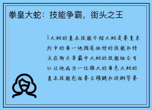 拳皇大蛇：技能争霸，街头之王