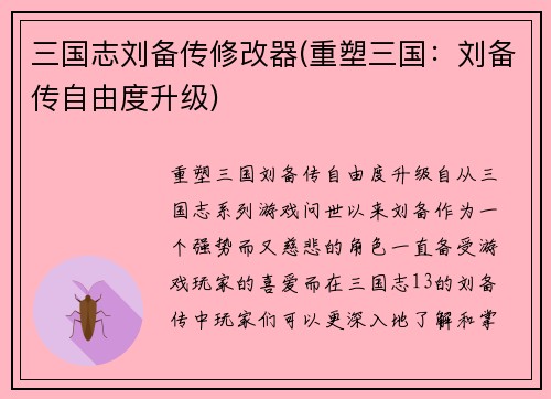 三国志刘备传修改器(重塑三国：刘备传自由度升级)